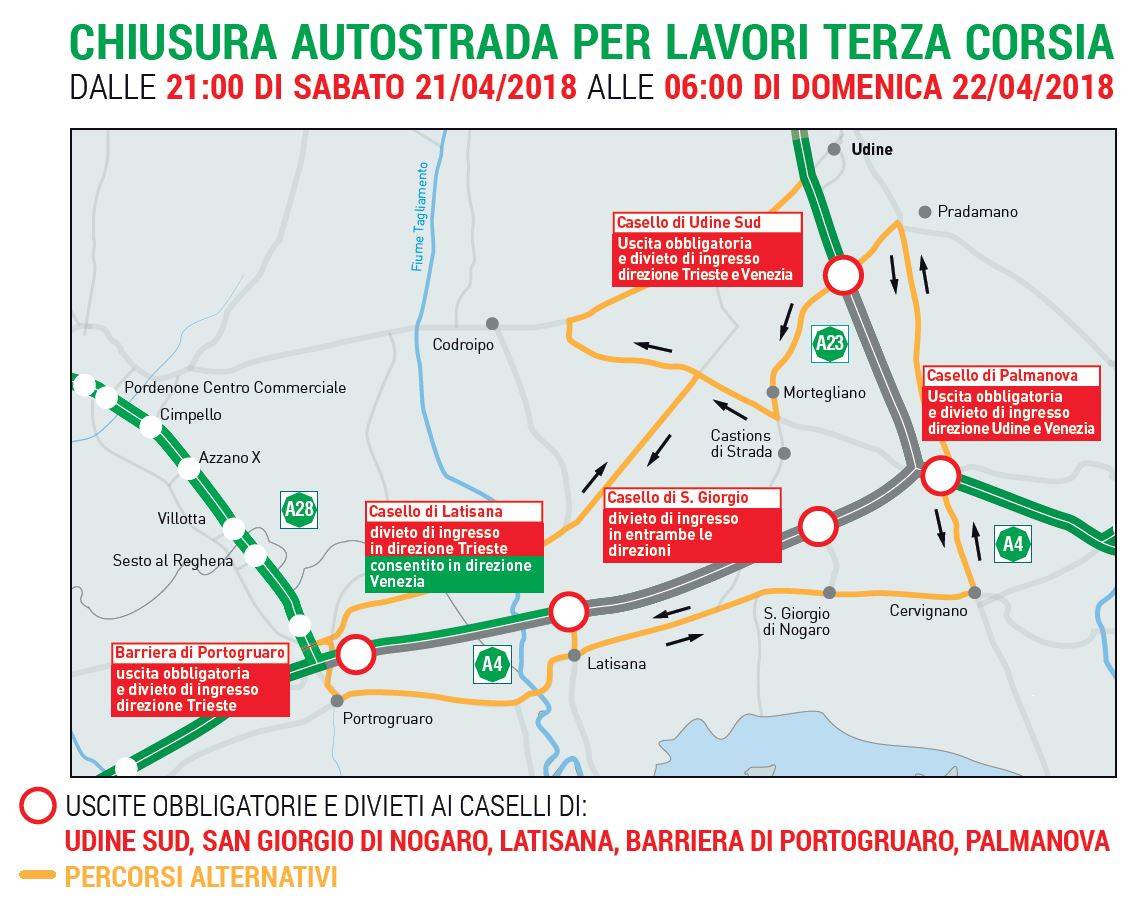 Nottata Di Chiusure Lungo L'Autostrada A4. Ecco La Mappa Delle Vie ...